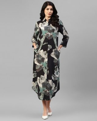 Women Printed Shirt Dress with Spread Collar