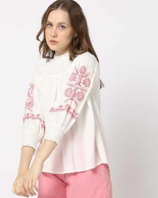 White Smocked Round Neck Top by DNMX Women