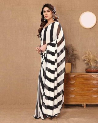 Women Striped Pre-Stitched Georgette Saree
