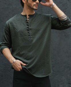 Olive Green Structured Kurta Style Full Sleeves Shirt