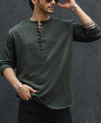 Olive Green Structured Kurta Style Full Sleeves Shirt