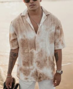 Beige Oversized Structured Tie-Dye Half Sleeves Shirt