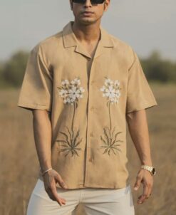 Beige Structured Embroidery Oversized Half Sleeve Shirt