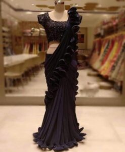 Black Color Georgette Frill Ruffled Saree with Heavy Sequence Blouse