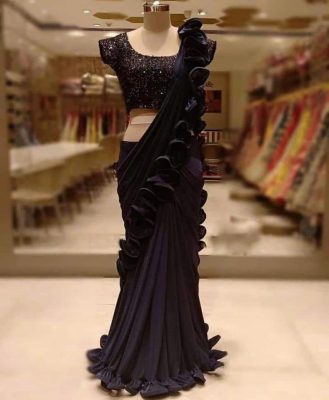 Black Color Georgette Frill Ruffled Saree with Heavy Sequence Blouse