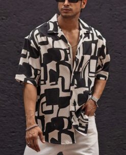 Black and White Structured Half Sleeves Oversized Shirt