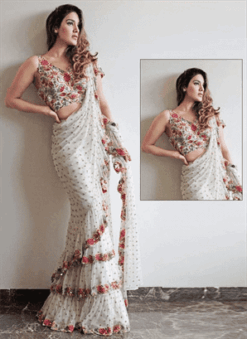 Fashion Design White Colour Frill Mono Net Saree