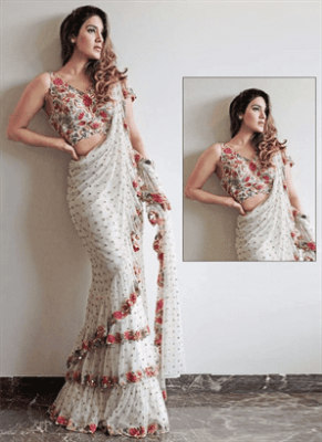 Fashion Design White Colour Frill Mono Net Saree