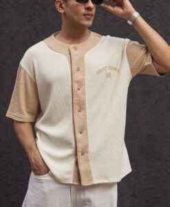 Cream and Beige Structured Oversized Half Sleeves Baseball T-Shirt