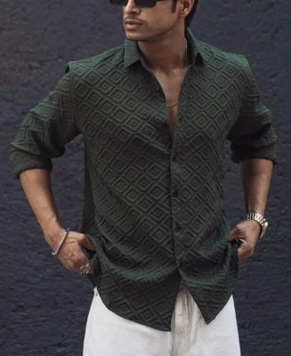 Green Structured Regular Fit Full Sleeves Shirt