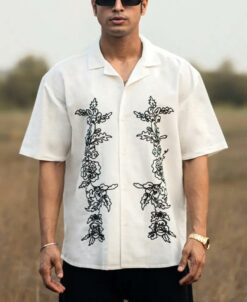 Off-White Structured Embroidery Oversized Half Sleeves Shirt - Powerlook