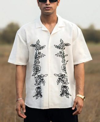 Off-White Structured Embroidery Oversized Half Sleeves Shirt - Powerlook