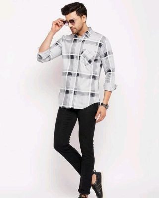 White Check Shirt with Black Denim Jeans