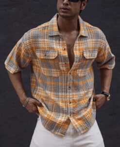 Yellow and Grey Structured Checks Oversized Half Sleeves Shirt