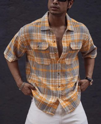 Yellow and Grey Structured Checks Oversized Half Sleeves Shirt